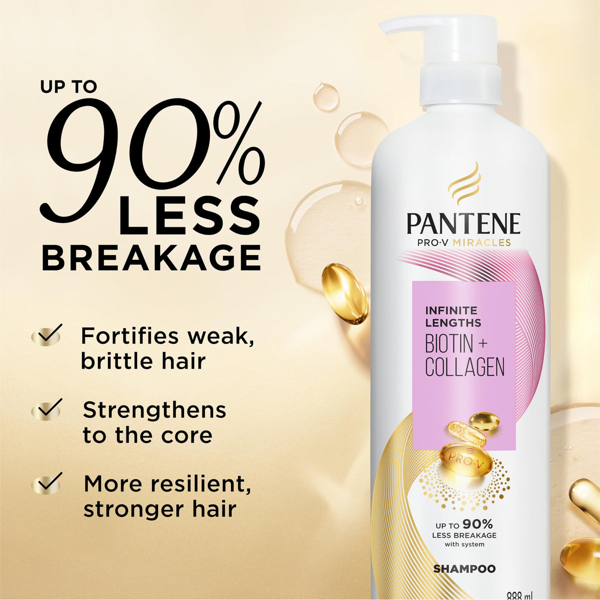 Pantene brand label close-up highlighting biotin, collagen and Pro‑vitamin B5 benefits
