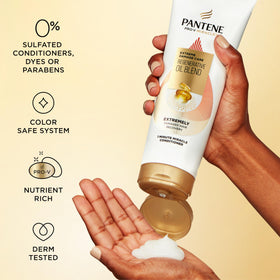 Detail shot of Pantene label listing 0% sulfated conditioners and parabens benefit