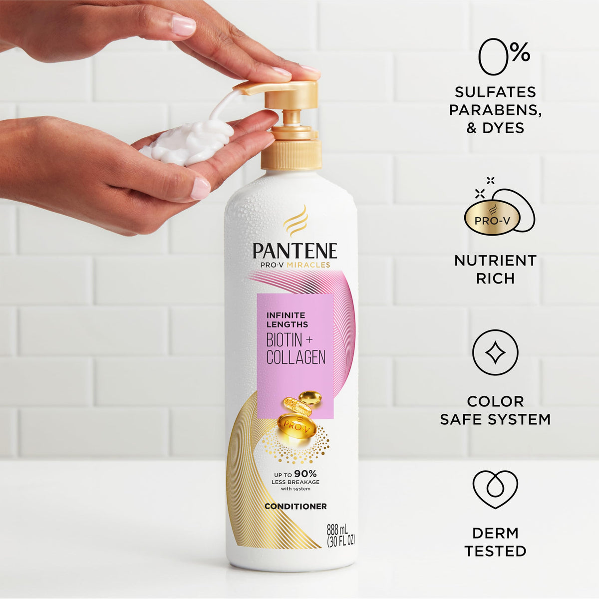 Pantene label close-up showing biotin, collagen, pro-vitamin ingredients