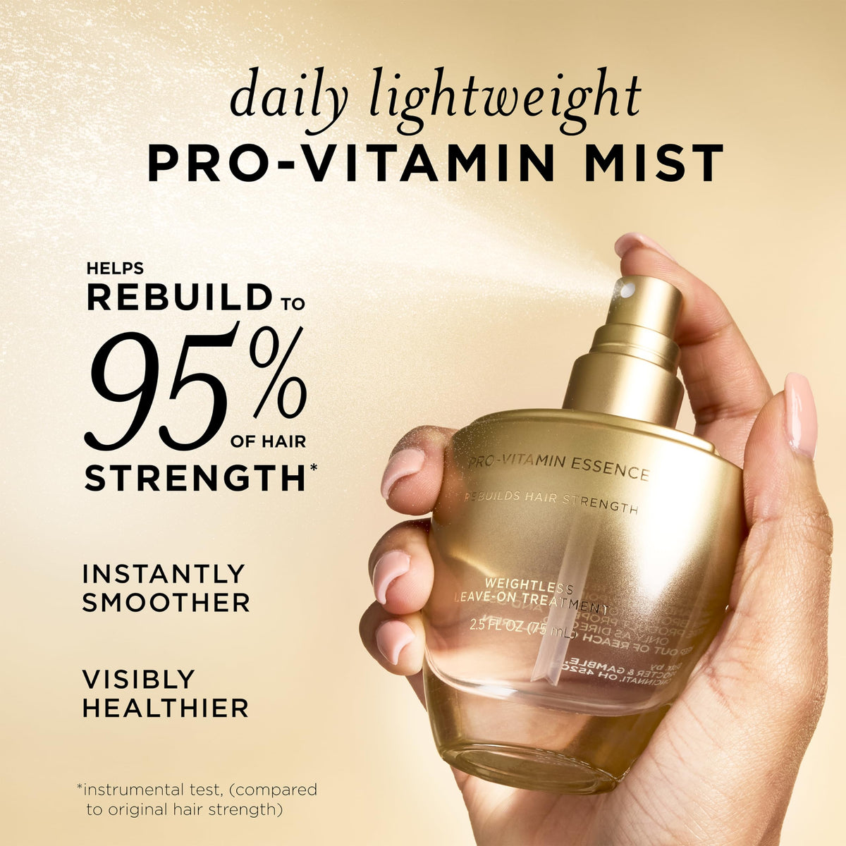 Pantene mist nozzle close-up showing spray pattern for even, weightless application