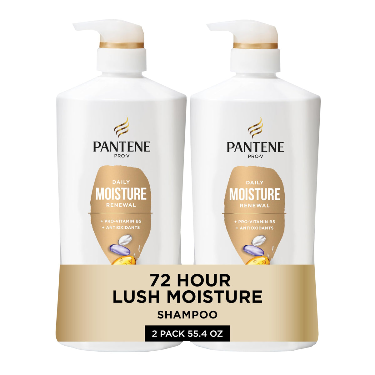 Pantene Pro-V front packaging showing two 27.7 oz bottles and rescue shot for lasting hydration