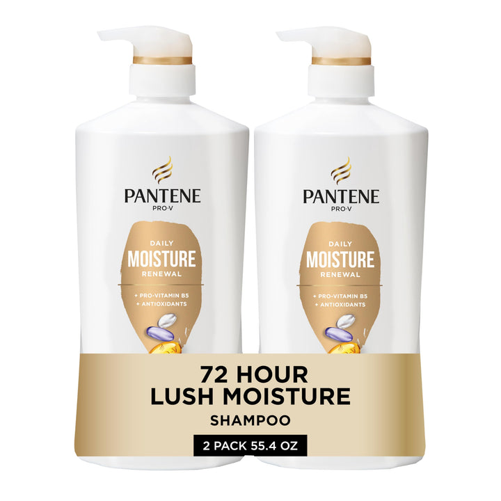 Pantene Pro-V front packaging showing two 27.7 oz bottles and rescue shot for lasting hydration