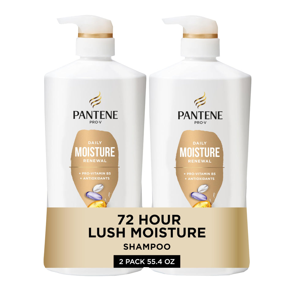 Pantene Pro-V front packaging showing two 27.7 oz bottles and rescue shot for lasting hydration