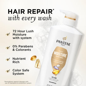 Close-up of Pantene Pro-V shampoo bottle label highlighting Pro-V nutrients and color-safe benefit
