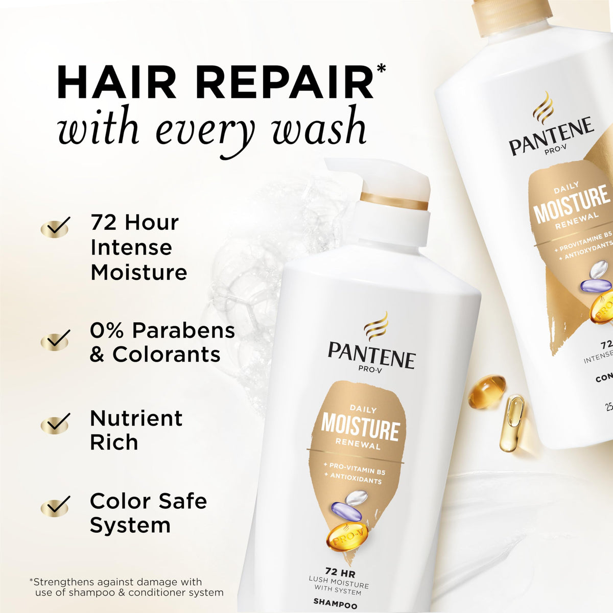 Pantene pump bottles side view highlighting convenient dispensing and large size