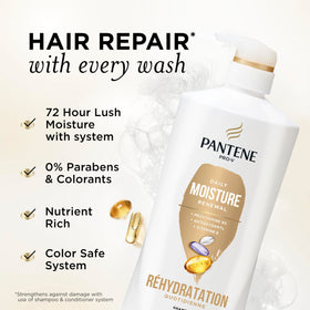 Pantene pump nozzle and clear label closeup for easy dispensing and product info