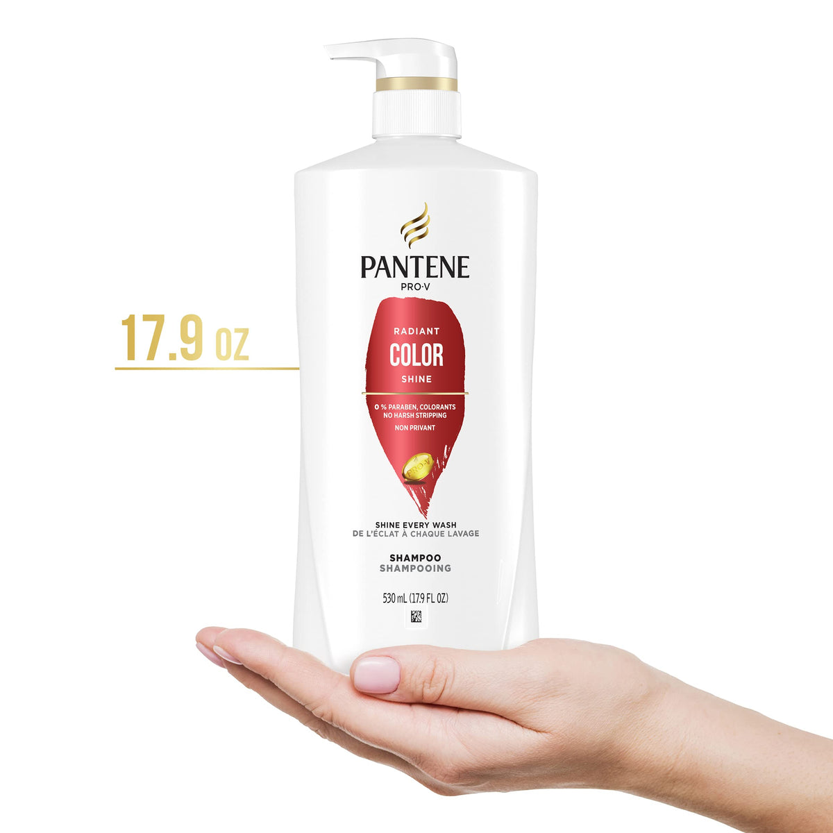 Pantene bottle next to ruler for size-scale comparison and 17.9oz capacity clarity