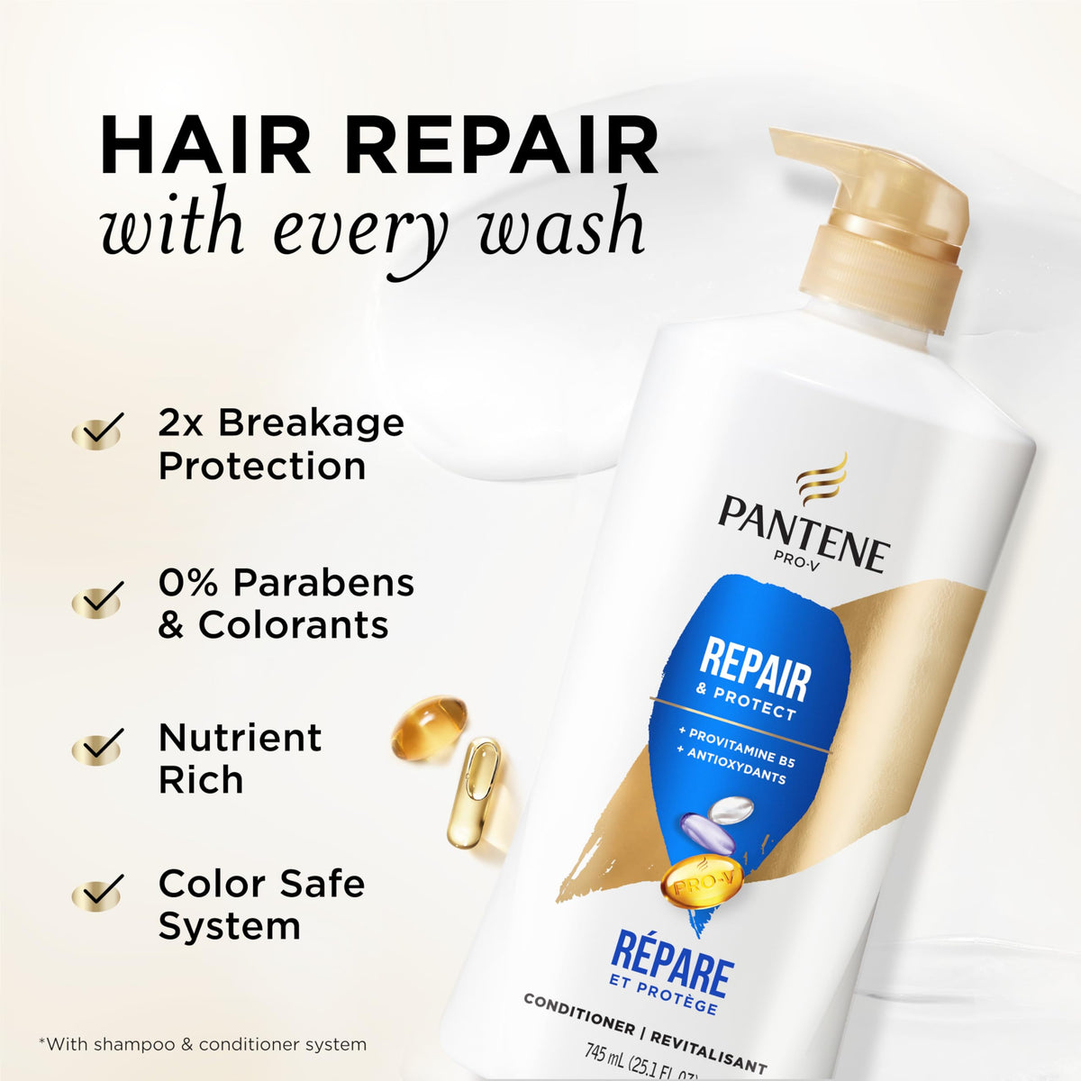 Pantene pump-top close-up showing easy-dispense cap for controlled conditioner use