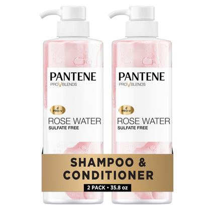 Pantene front packaging showing rose water bottles and benefits
