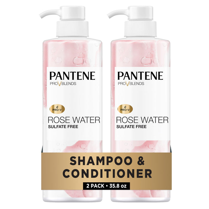 Pantene front packaging showing rose water bottles and benefits