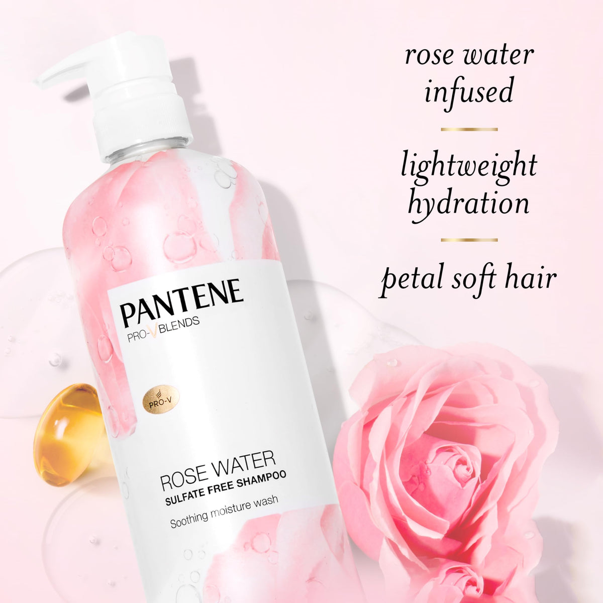 Pantene rose water shampoo pouring texture highlighting lightweight hydration