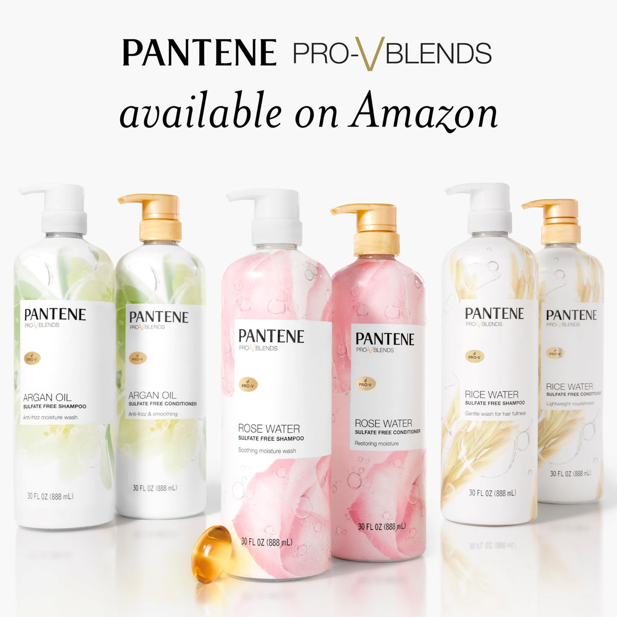 Pantene rose water shampoo beside ruler to show 30 oz value size
