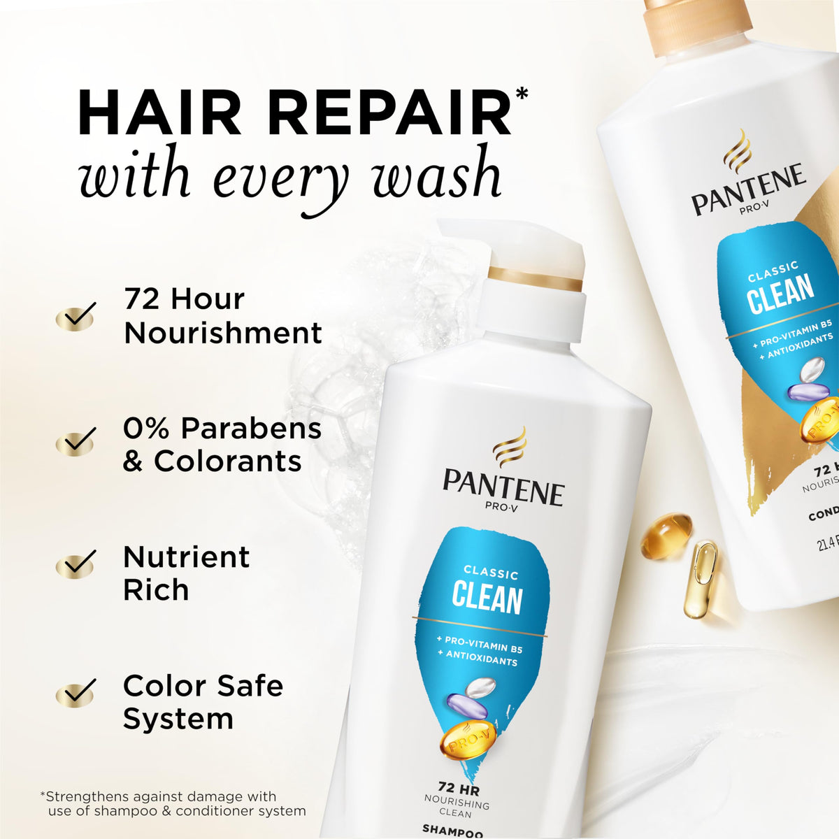 Pantene shampoo bottle close-up highlighting Pro-V nutrients