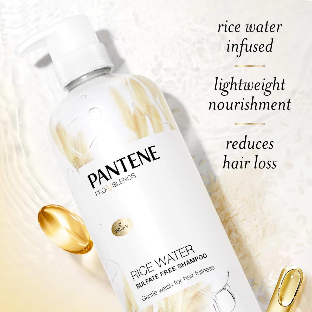 Pantene shampoo pouring into hand illustrating easy dispensing and use