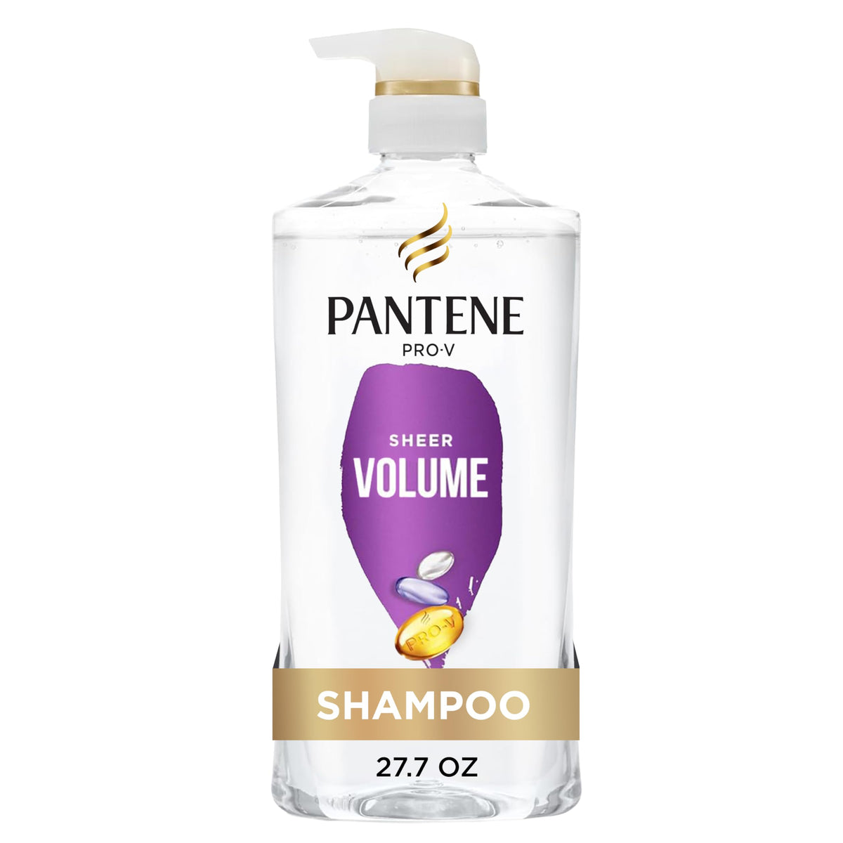Pantene bottle front view showing brand and volume benefits