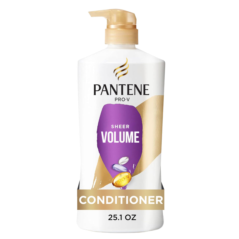 Pantene bottle front showing Sheer Volume label and benefits