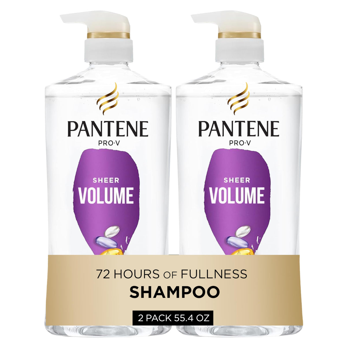 Pantene sheer volume front packaging showing two large shampoo bottles and included ampoule for added value