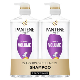 Pantene sheer volume front packaging showing two large shampoo bottles and included ampoule for added value
