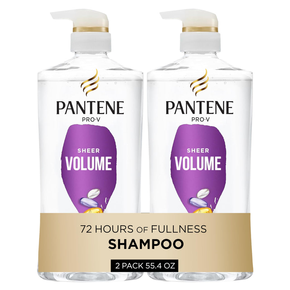 Pantene sheer volume front packaging showing two large shampoo bottles and included ampoule for added value