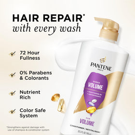 Pantene pump and label detail highlighting volume-focused formula