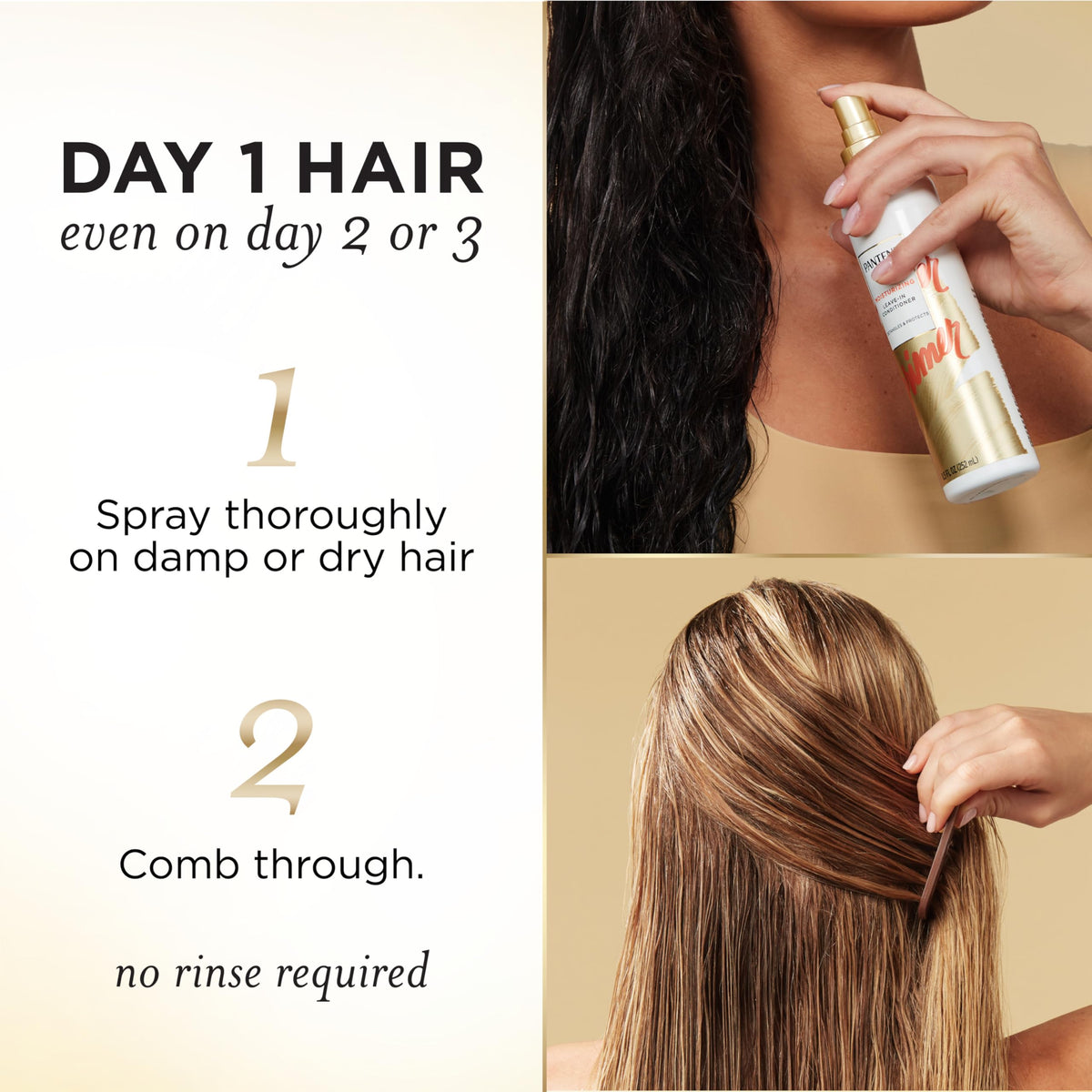Pantene being misted on wet hair for easier detangling and softness