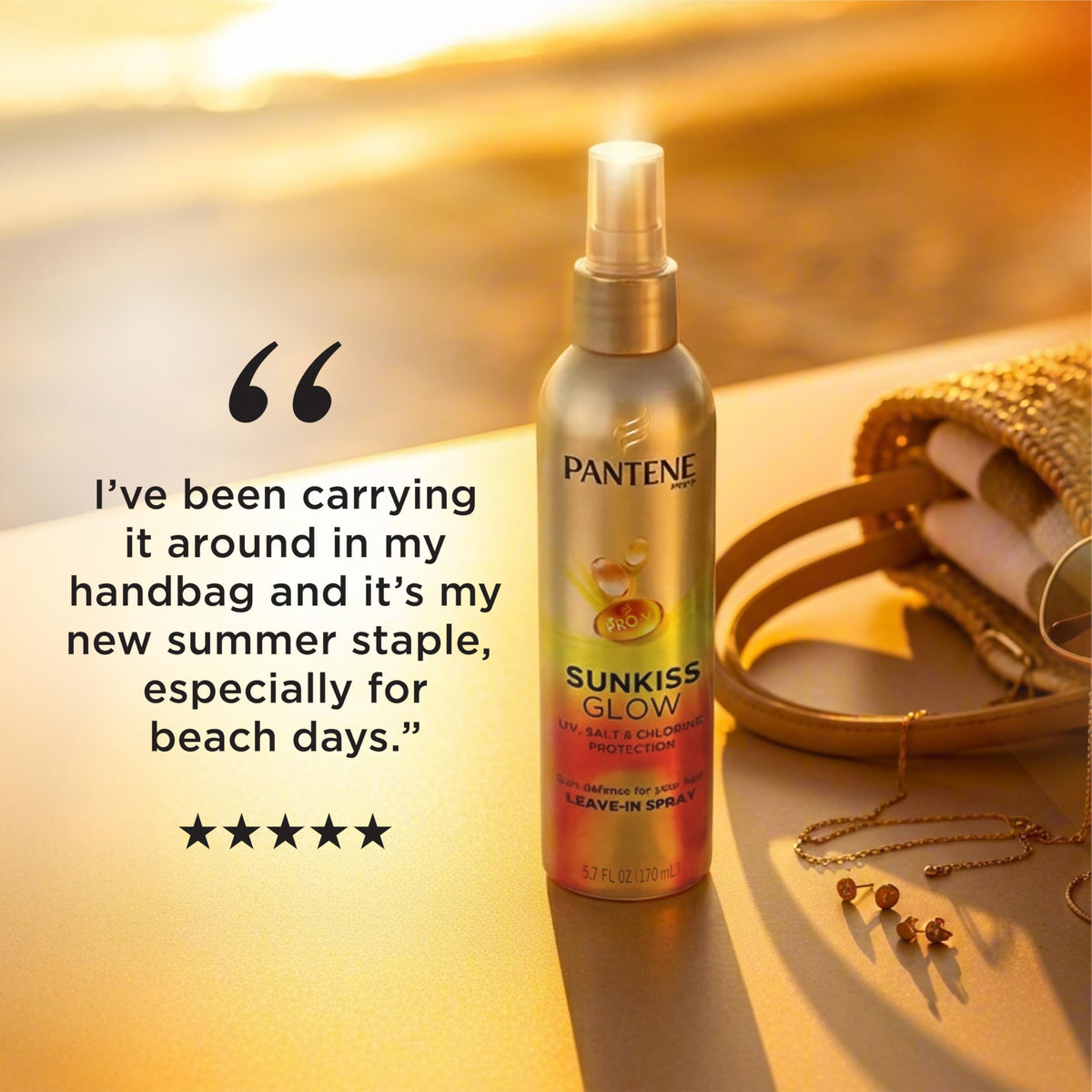 Pantene Sunkiss Glow ingredient visual featuring Pro-Vitamin B5 and antioxidants