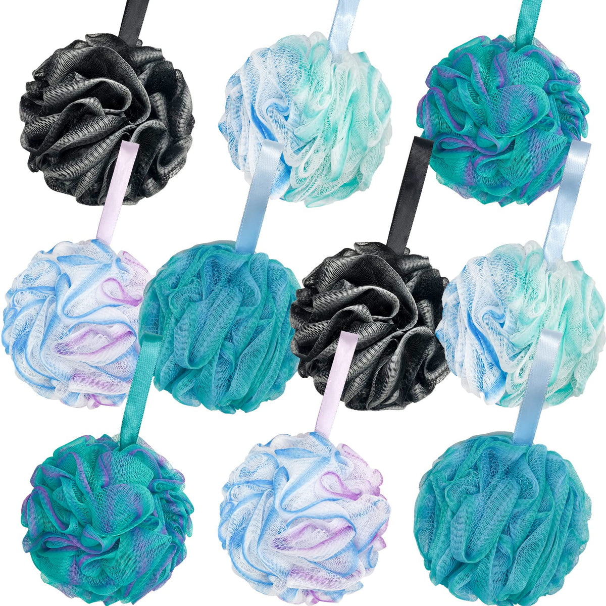 Panxxsen front packaging showing ten colorful bath loofahs, convenient bulk supply