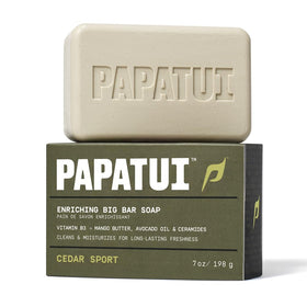 PAPATUI grooming setup with soap, towel, and razor showing lifestyle-ready routine