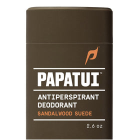 PAPATUI front packaging showing sandalwood suede scent and benefit of long-lasting protection