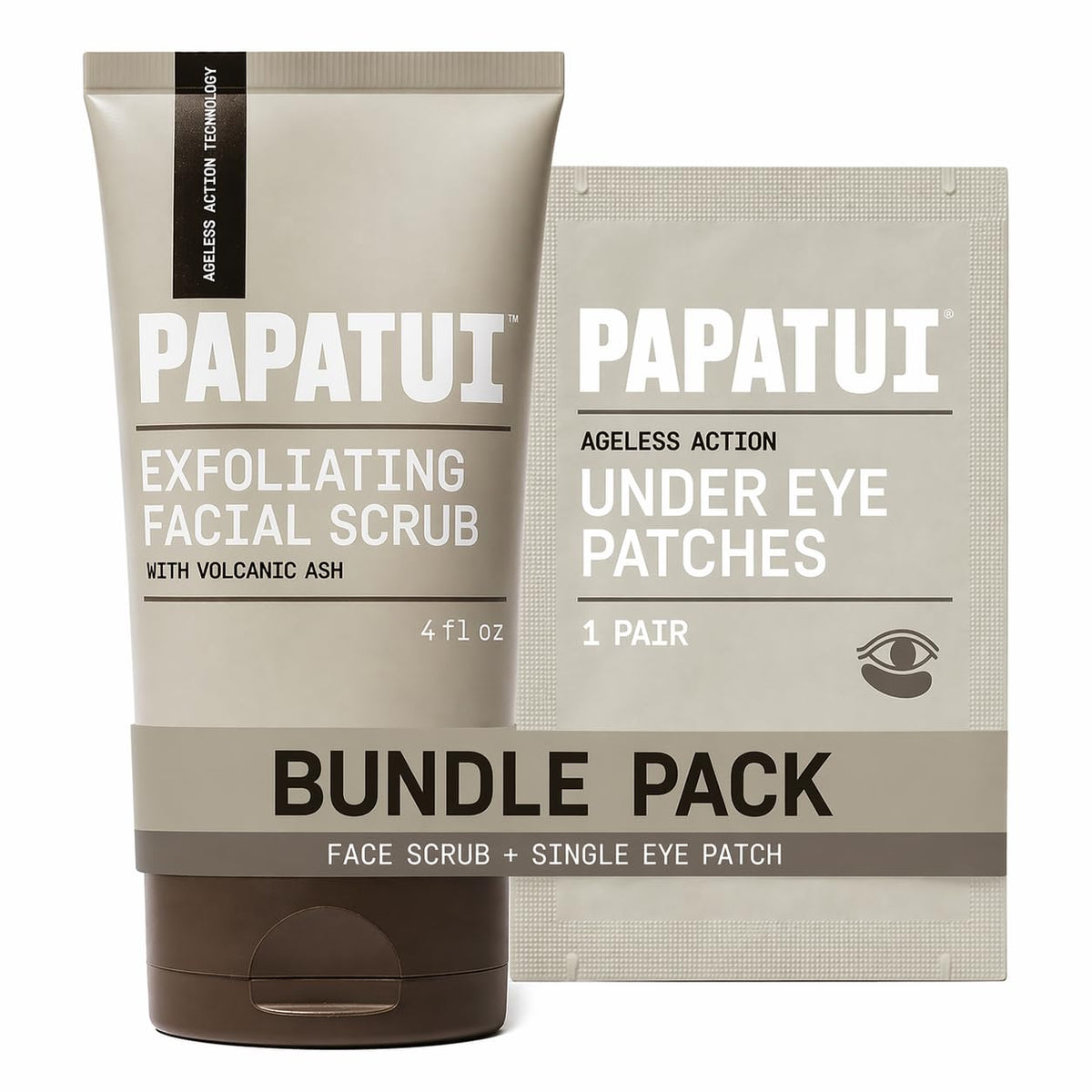 PAPATUI front packaging showing scrub and under-eye patch, highlights performance