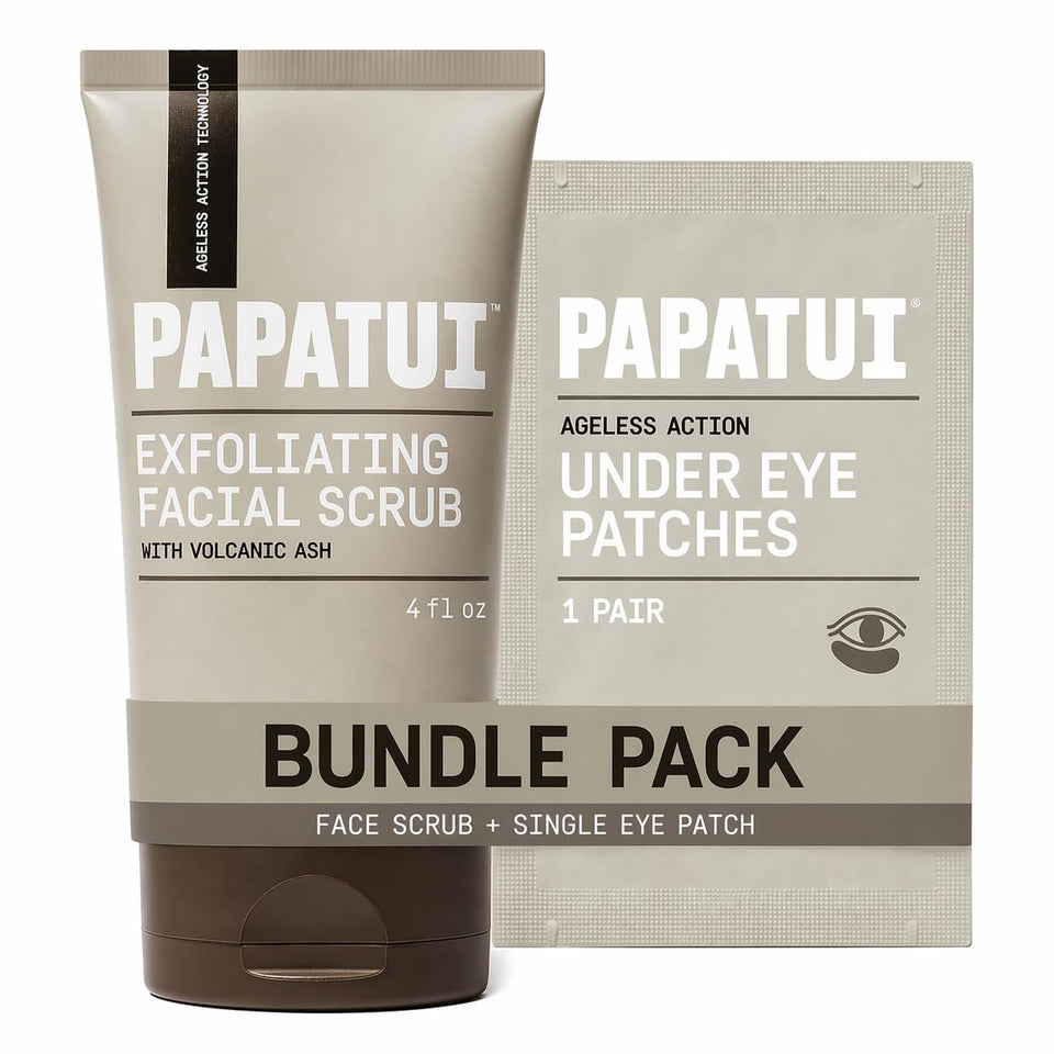 PAPATUI front packaging showing scrub and under-eye patch, highlights performance