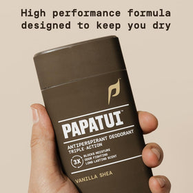PAPATUI label close-up emphasizing vanilla shea fragrance and cleaner ingredients