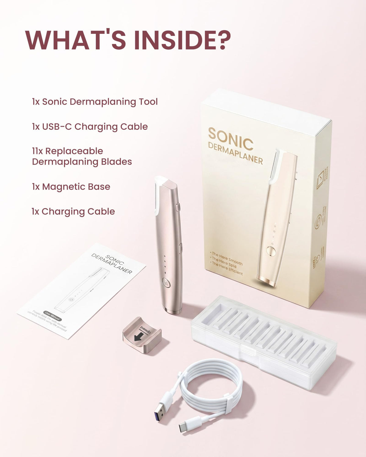 PAPMINI travel layout with USB cable and replacement blades for portable skincare routine