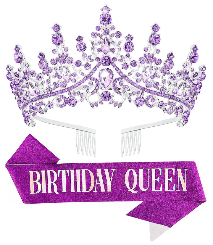 Papoopy front view of purple tiara and sash showing celebratory elegance