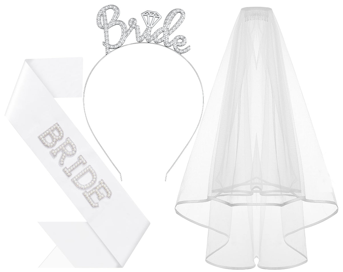 Papoopy front view of headband sash and veil showing elegant silver finish and wearable comfort