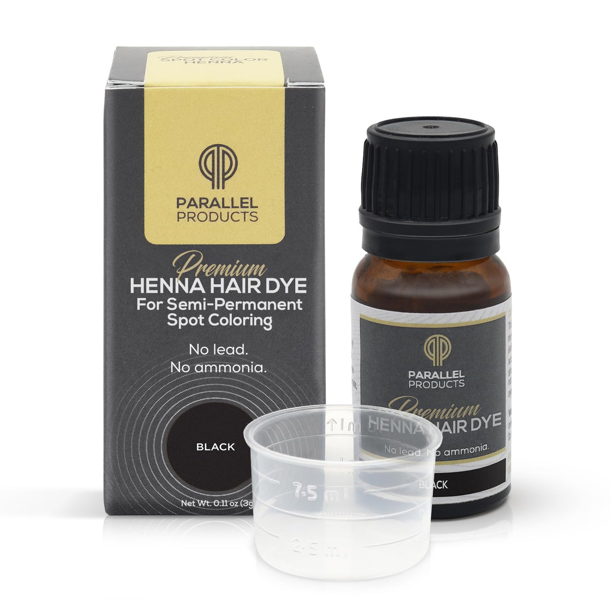 Parallel Products front packaging showing black spot henna for precise root coverage