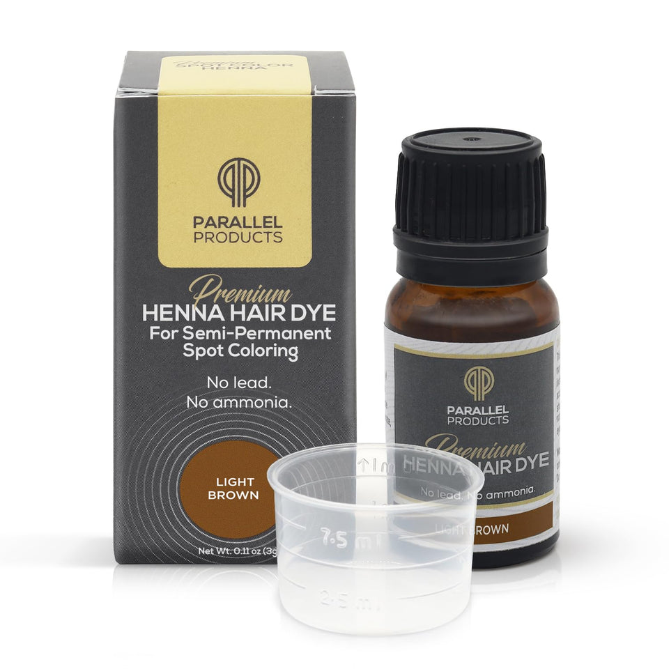 Parallel Products front packaging showing light brown spot henna and clear labeling for easy shade selection