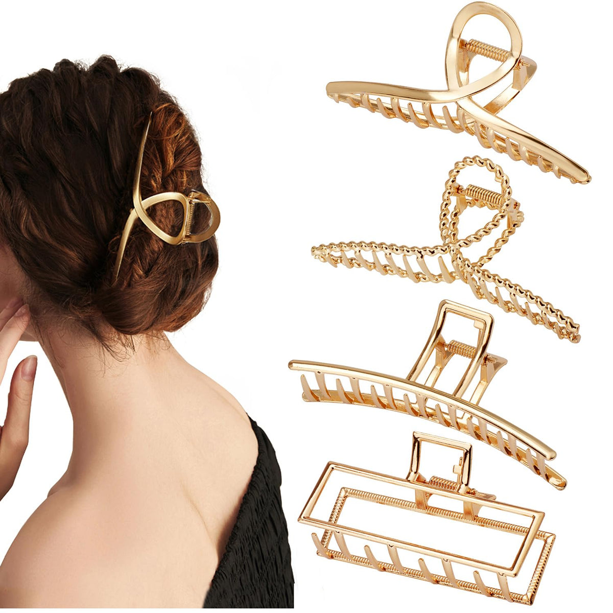 Parcce front view of four gold metal hair clips, stylish and durable