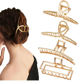 Parcce front view of four gold metal hair clips, stylish and durable