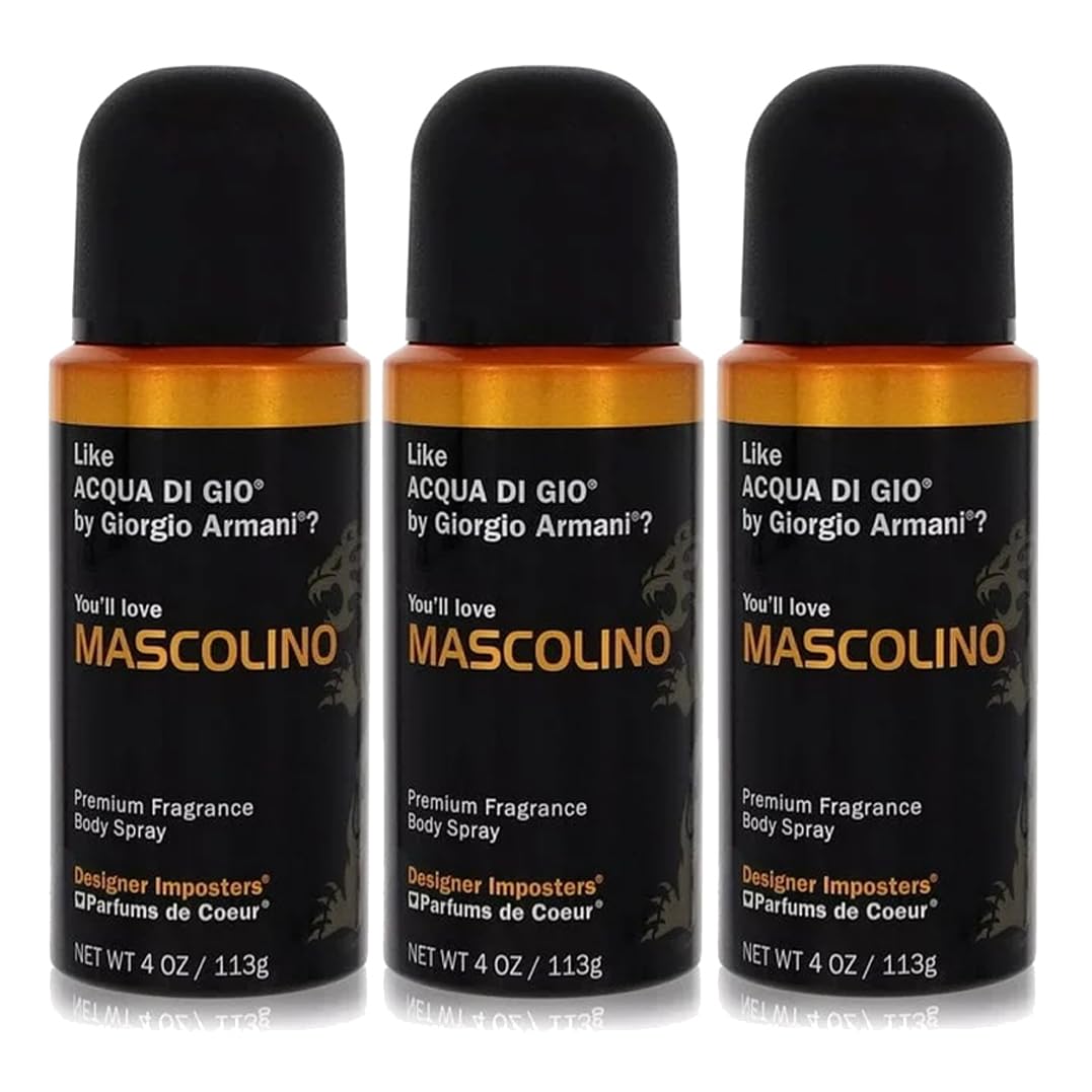 Parfums De Coeur Mascolino front packaging showing 4 oz bottle and easy portability benefit