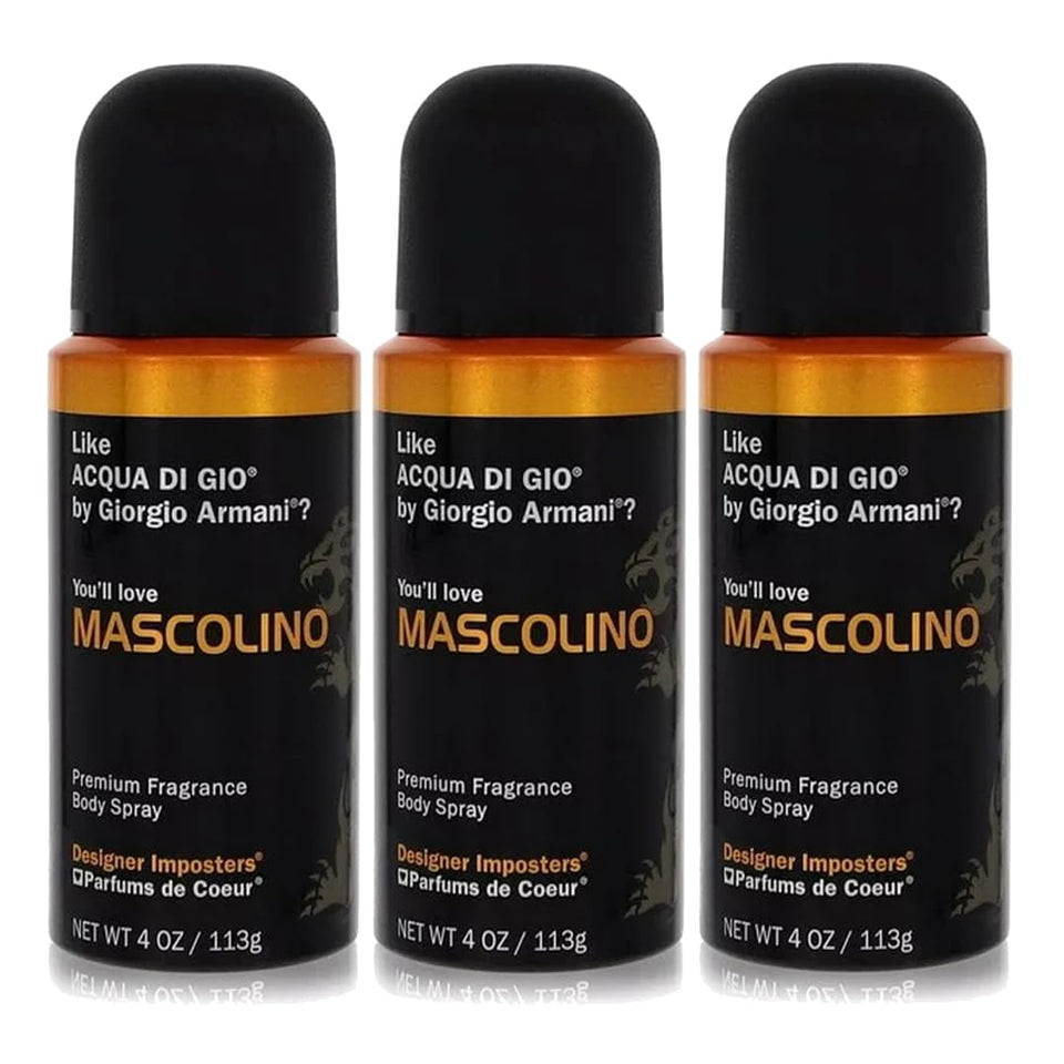Parfums De Coeur Mascolino front packaging showing 4 oz bottle and easy portability benefit