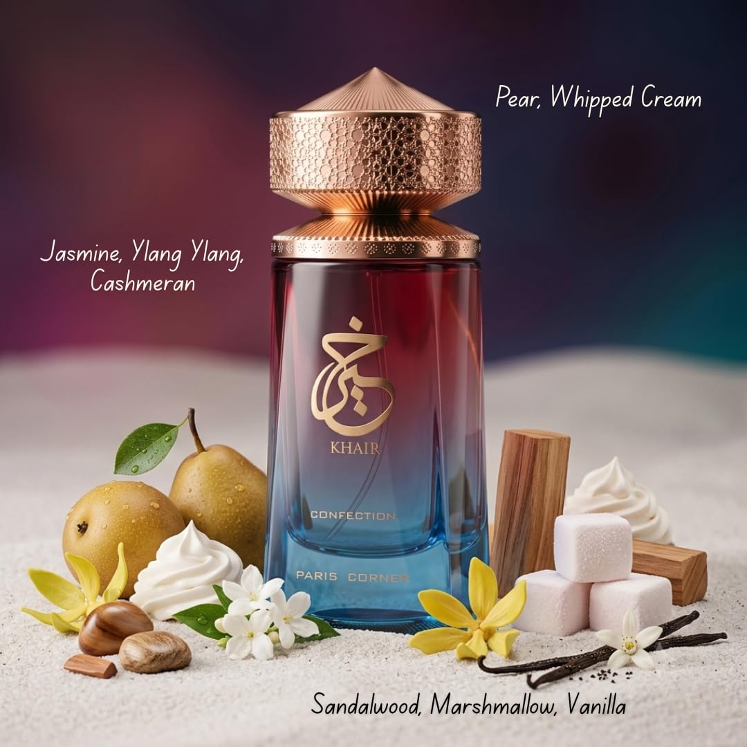 Paris Corner Khair Confection ingredients display with pear and vanilla to show gourmand character