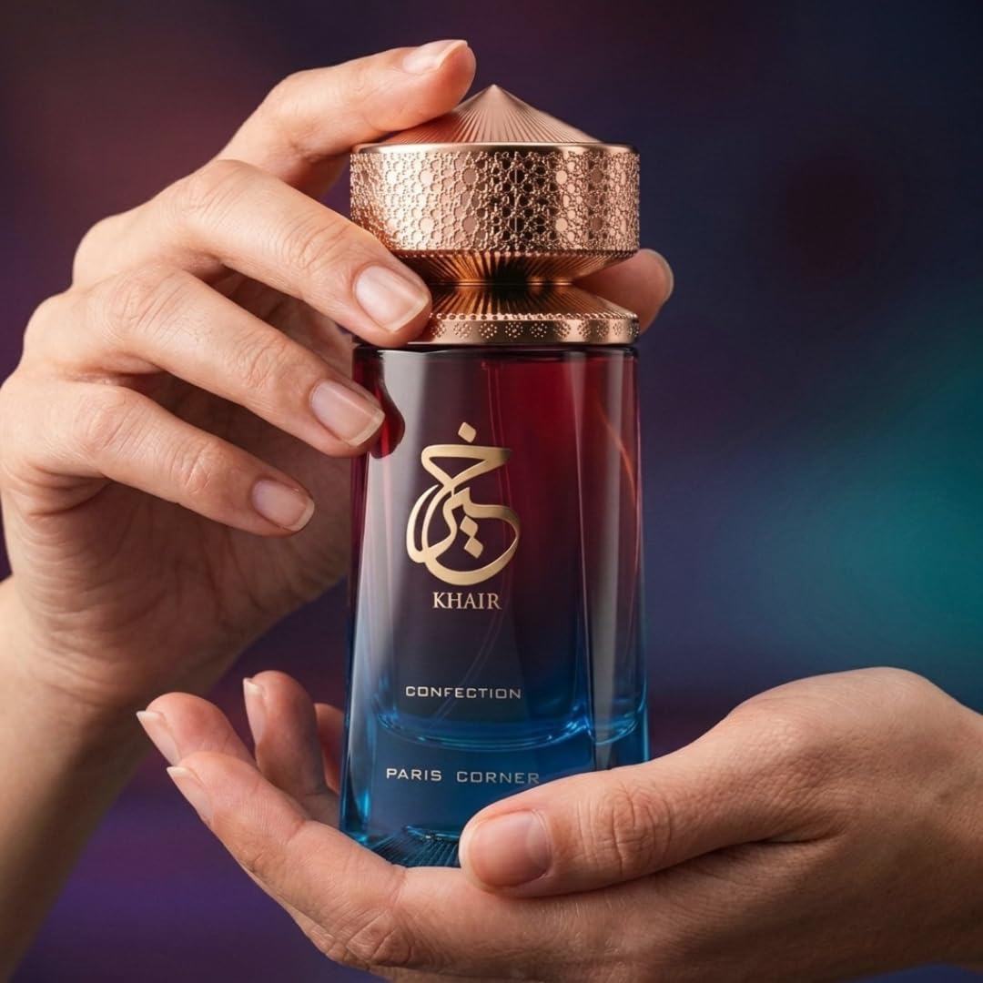 Paris Corner Khair Confection bottle in hand for scale showing 3.4 oz convenience