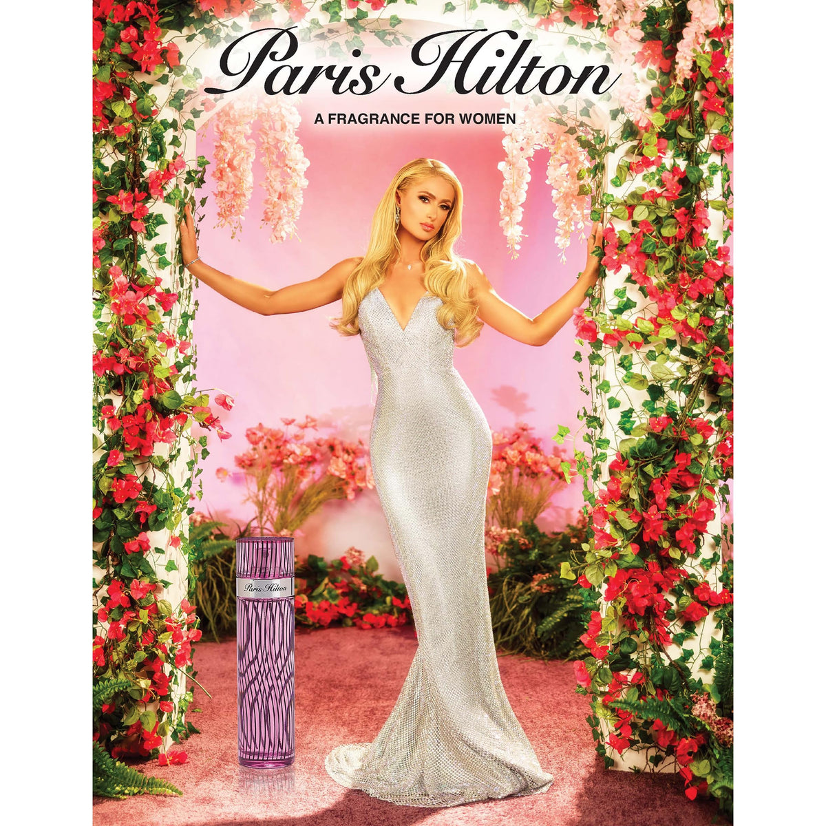 Paris Hilton mist being sprayed from hand for quick refresh and portability