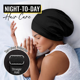 PARISBELLA model sleeping wearing cap to prevent morning frizz and preserve style