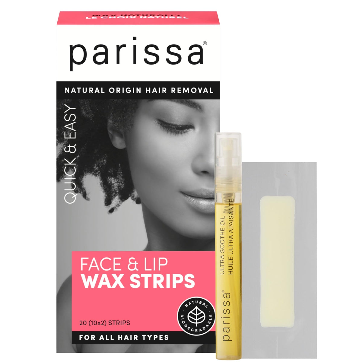 Parissa front packaging showing facial wax strips and included soothe oil for gentle removal