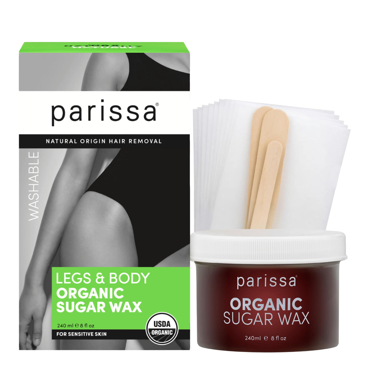 Parissa front packaging showing organic sugar wax and kit benefits