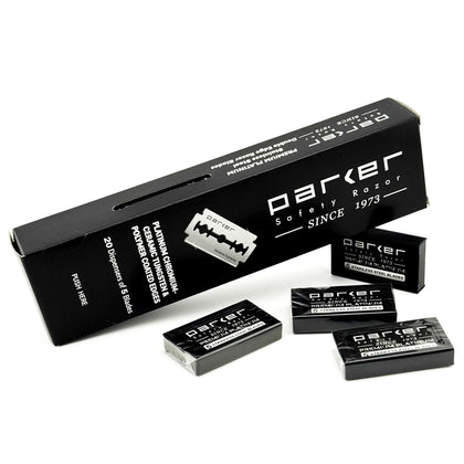 Parker front packaging showing 100 DE blades and value pack convenience