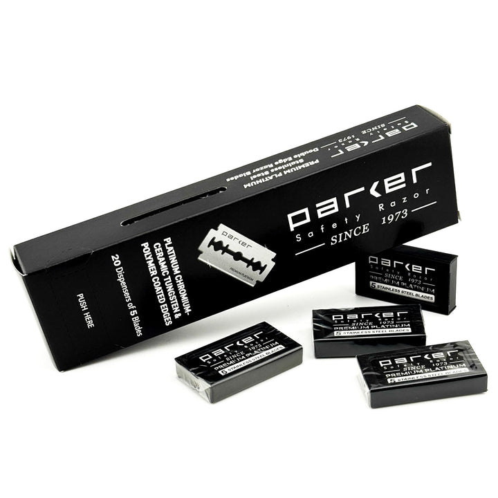 Parker front packaging showing 100 DE blades and value pack convenience