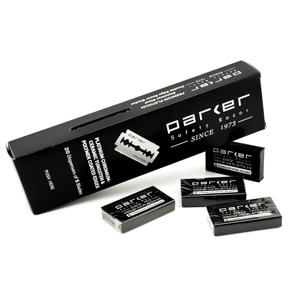 Parker front packaging showing 100 DE blades and value pack convenience